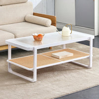 Modern Minimalist Double Layer Solid Wood Coffee Table with Glass Top and Rattan Edge - Farmhouse Style with Storage for Living Room