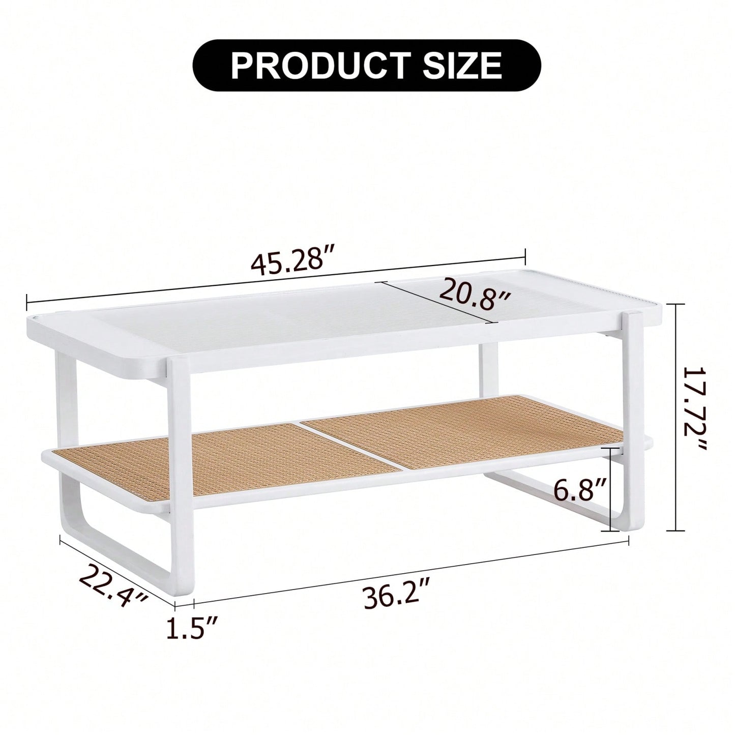 Modern Minimalist Double Layer Solid Wood Coffee Table with Glass Top and Rattan Edge - Farmhouse Style with Storage for Living Room