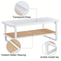 Modern Minimalist Double Layer Solid Wood Coffee Table with Glass Top and Rattan Edge - Farmhouse Style with Storage for Living Room