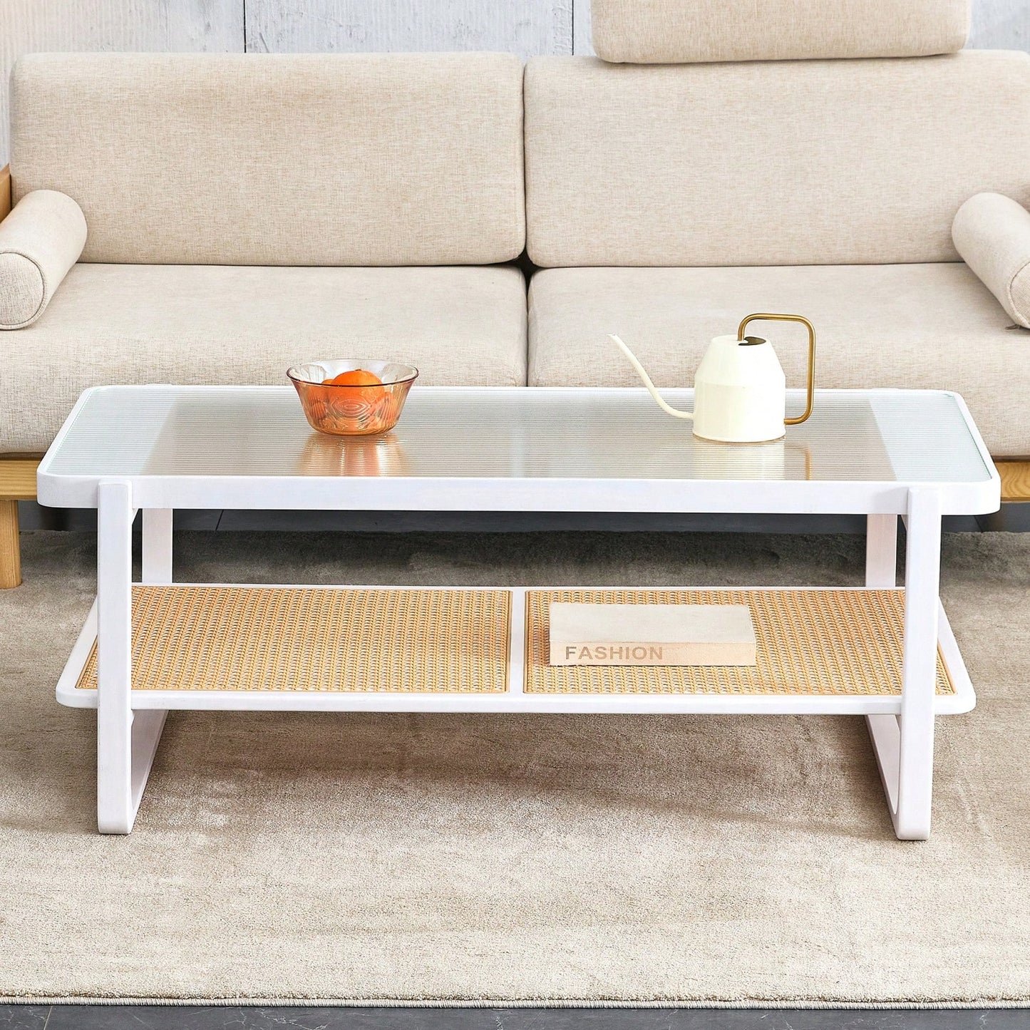 Modern Minimalist Double Layer Solid Wood Coffee Table with Glass Top and Rattan Edge - Farmhouse Style with Storage for Living Room