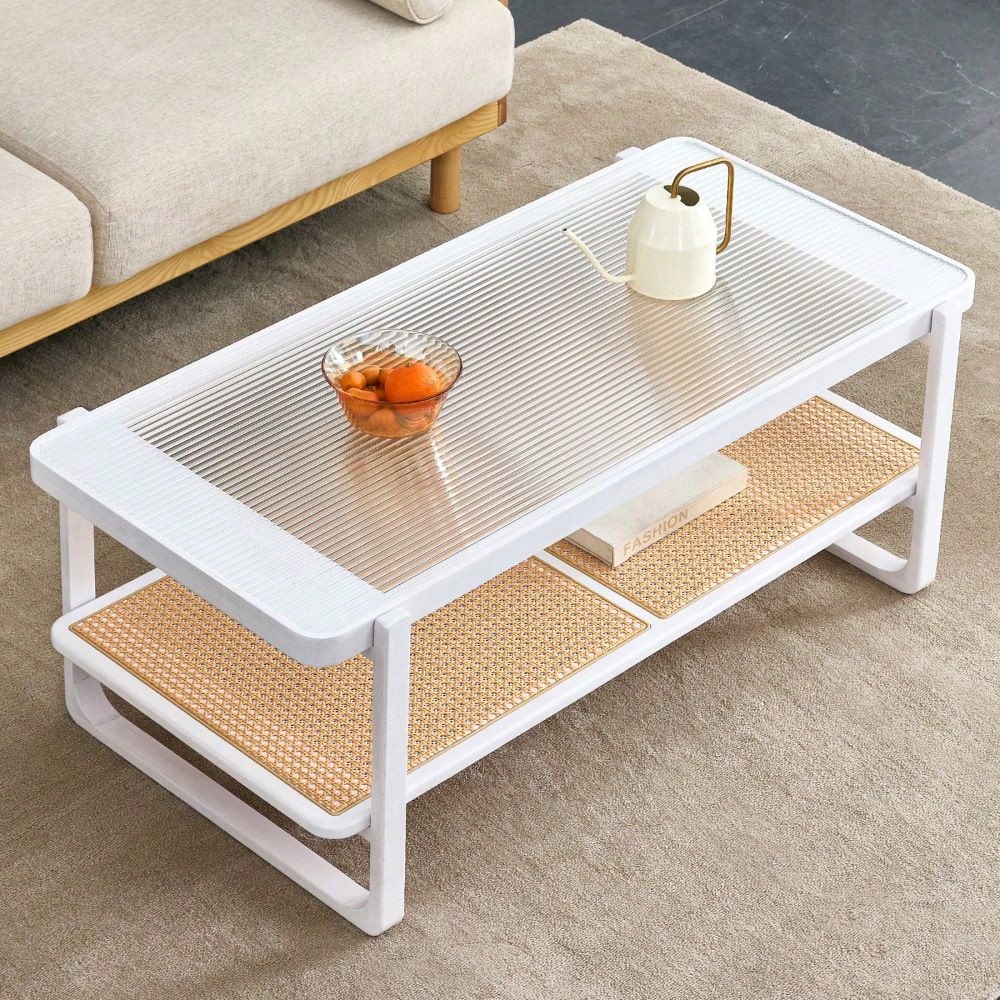 Modern Minimalist Double Layer Solid Wood Coffee Table with Glass Top and Rattan Edge - Farmhouse Style with Storage for Living Room