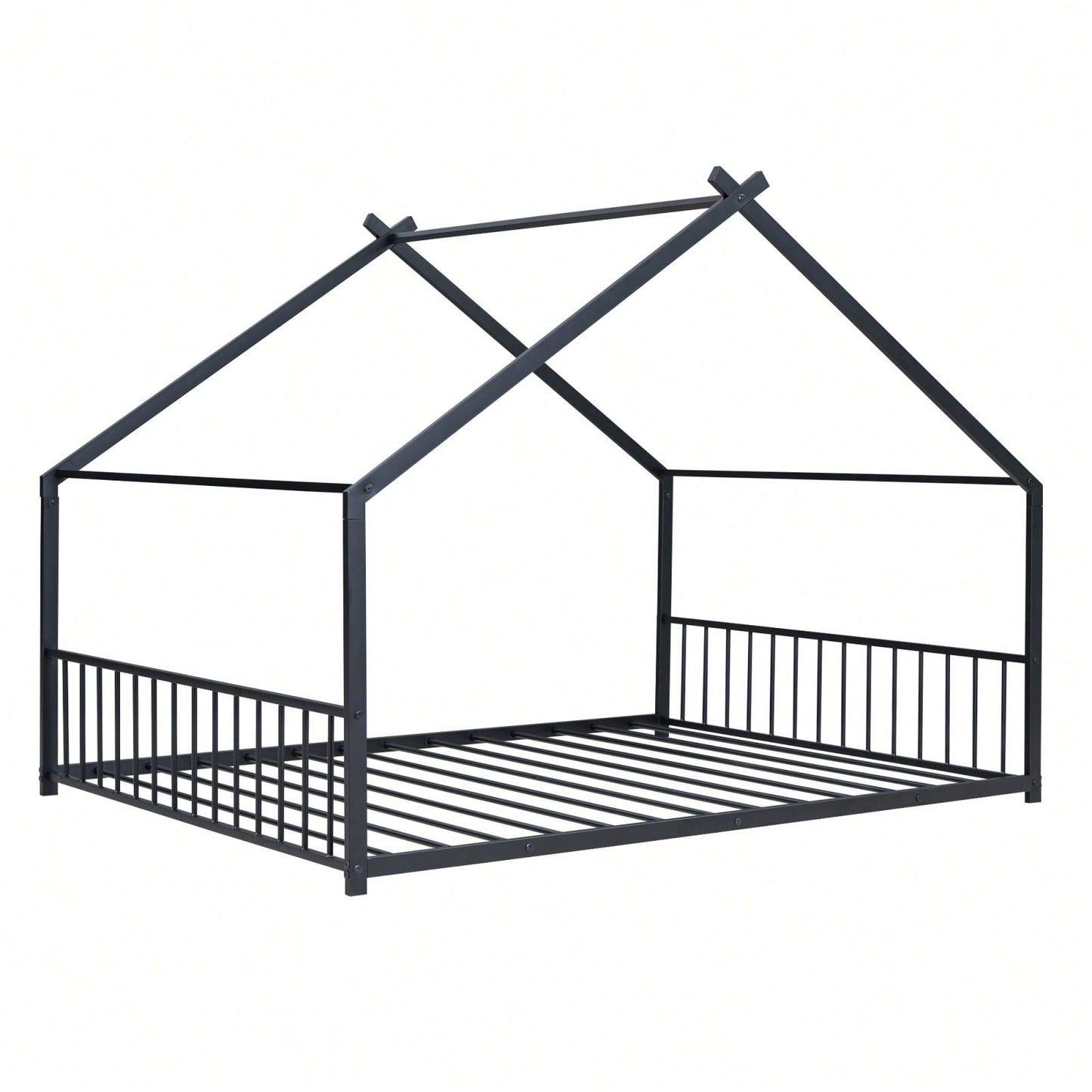 Sturdy Full Size Metal House Bed for Kids Fun Playhouse Design Semi-Enclosed Easy Assembly 350lbs Capacity