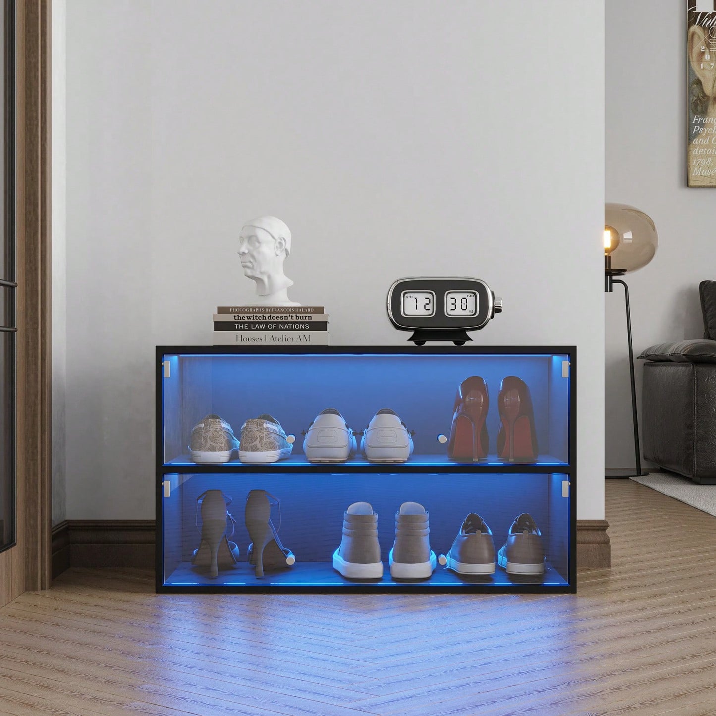 Modern Black Glass Door Shoe Box Shoe Storage Cabinet With RGB Led Light, Easy To Clean, Practical Design, 31.3*14.76*18.9, 35.27lbs