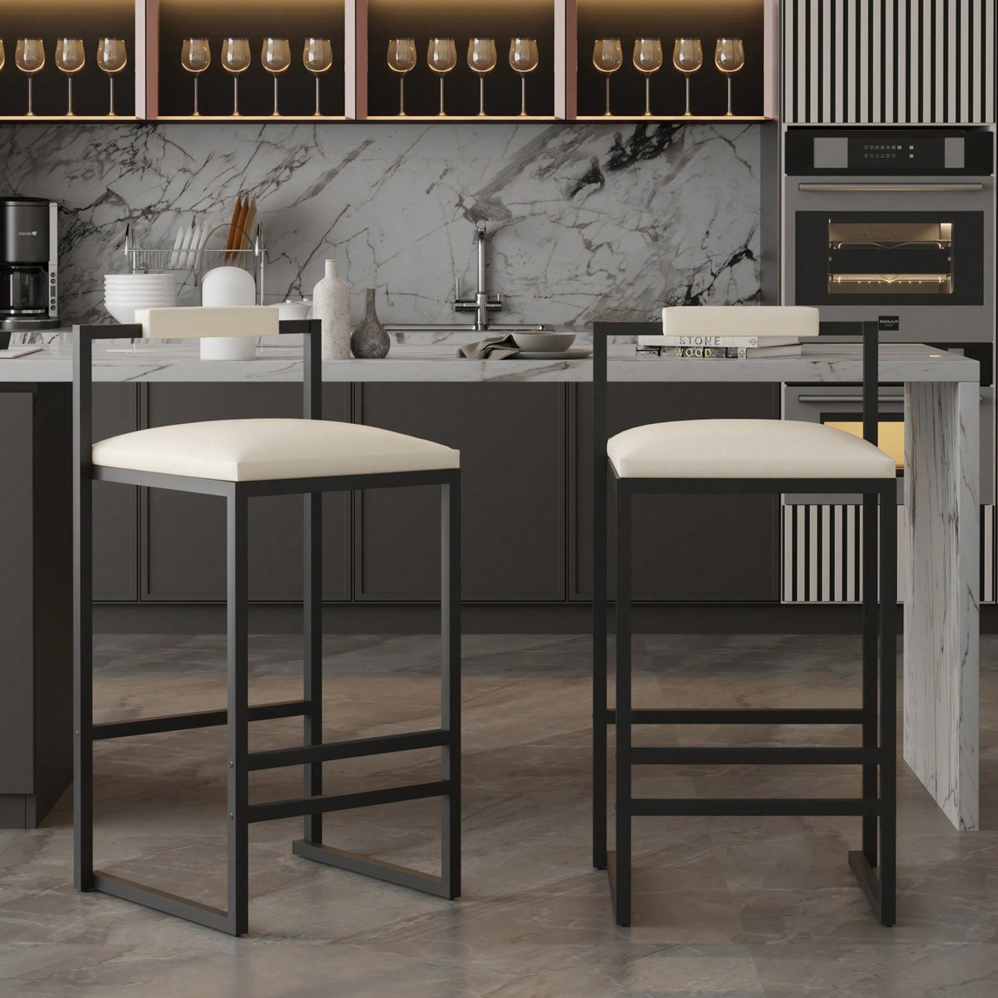 Set of 2 Stylish Beige Faux Leather Barstools with Metal Frame Dining Counter Height Comfortable Sturdy Design 220lb Capacity