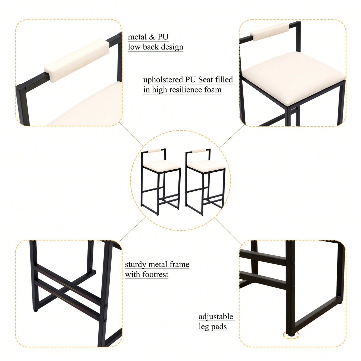 Set of 2 Stylish Beige Faux Leather Barstools with Metal Frame Dining Counter Height Comfortable Sturdy Design 220lb Capacity