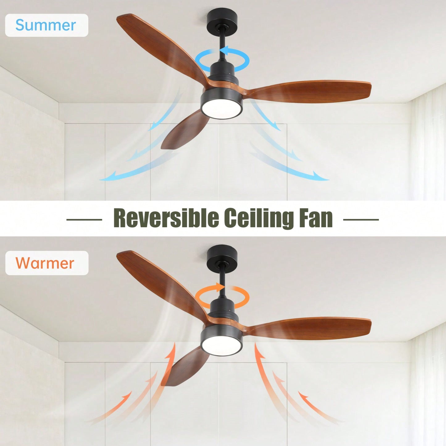 52 Inch Wooden Ceiling Fan with 3 Solid Wood Blades Remote Control Reversible DC Motor LED Light Indoor Outdoor High Quality Energy