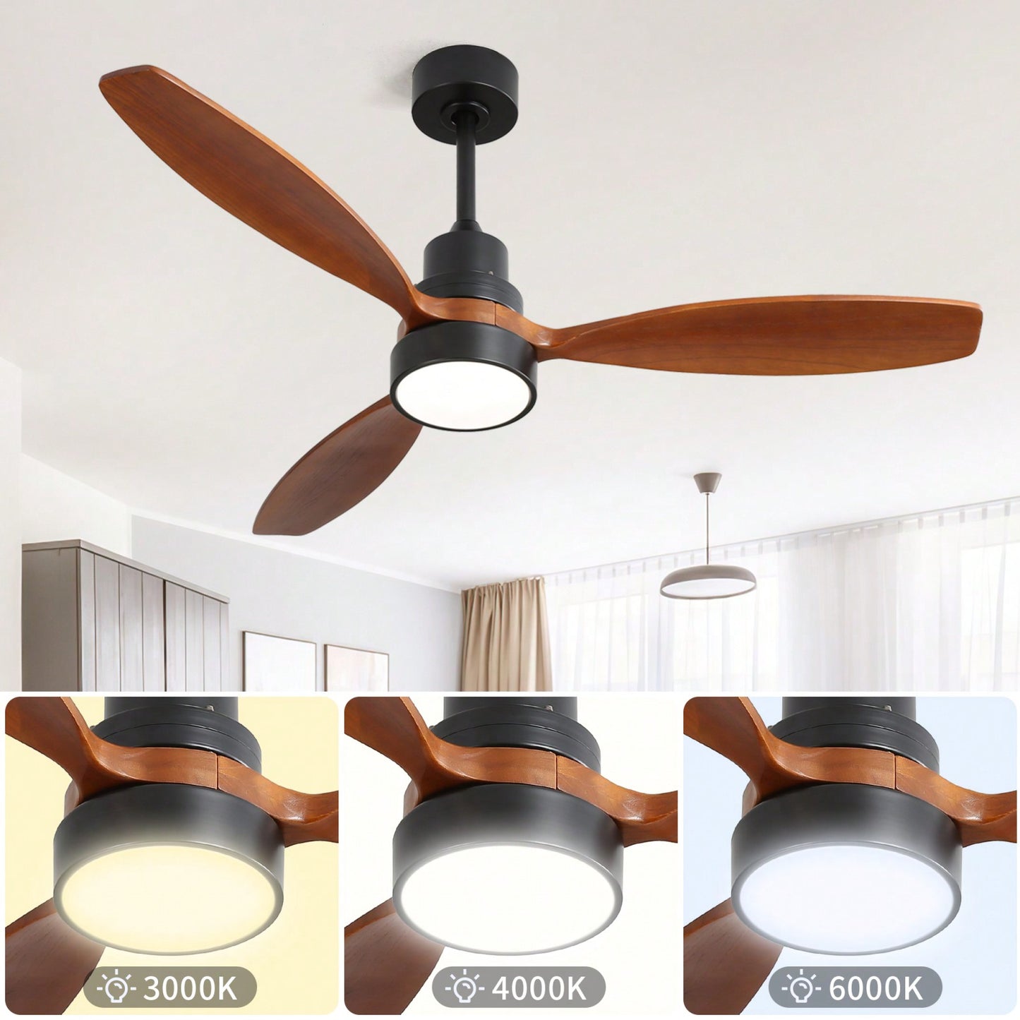 52 Inch Wooden Ceiling Fan with 3 Solid Wood Blades Remote Control Reversible DC Motor LED Light Indoor Outdoor High Quality Energy