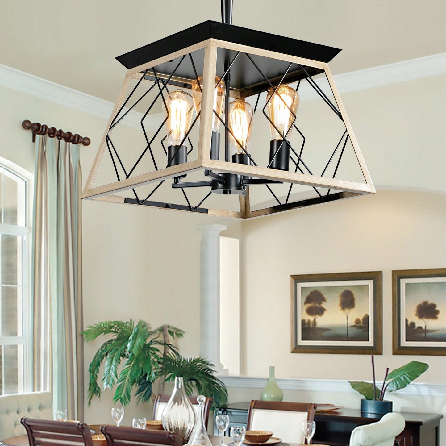 Rustic 4-Light Farmhouse Chandelier Adjustable Pendant Light for Dining Room Kitchen Living Room Garage