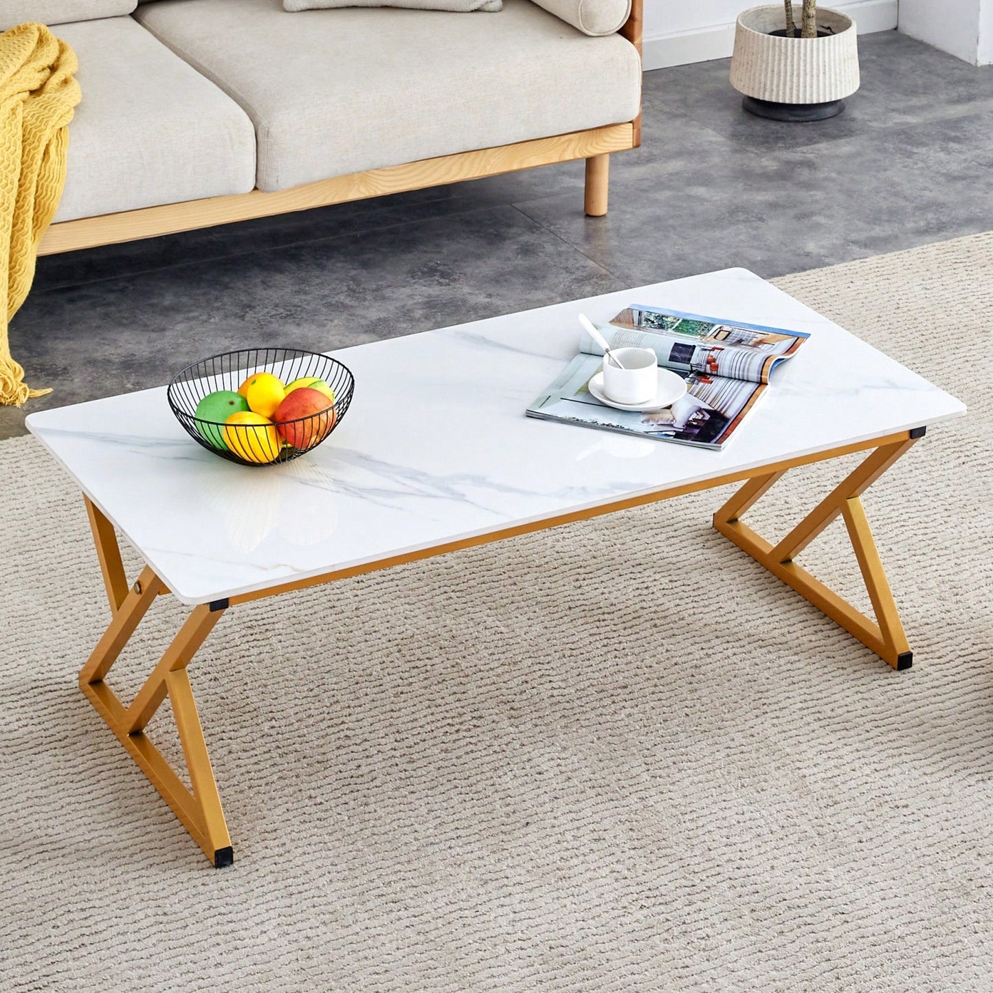 Elegant Minimalist White Marble Coffee Table with Metal Legs for Home Office Events Seats 2-4 Easy Assembly