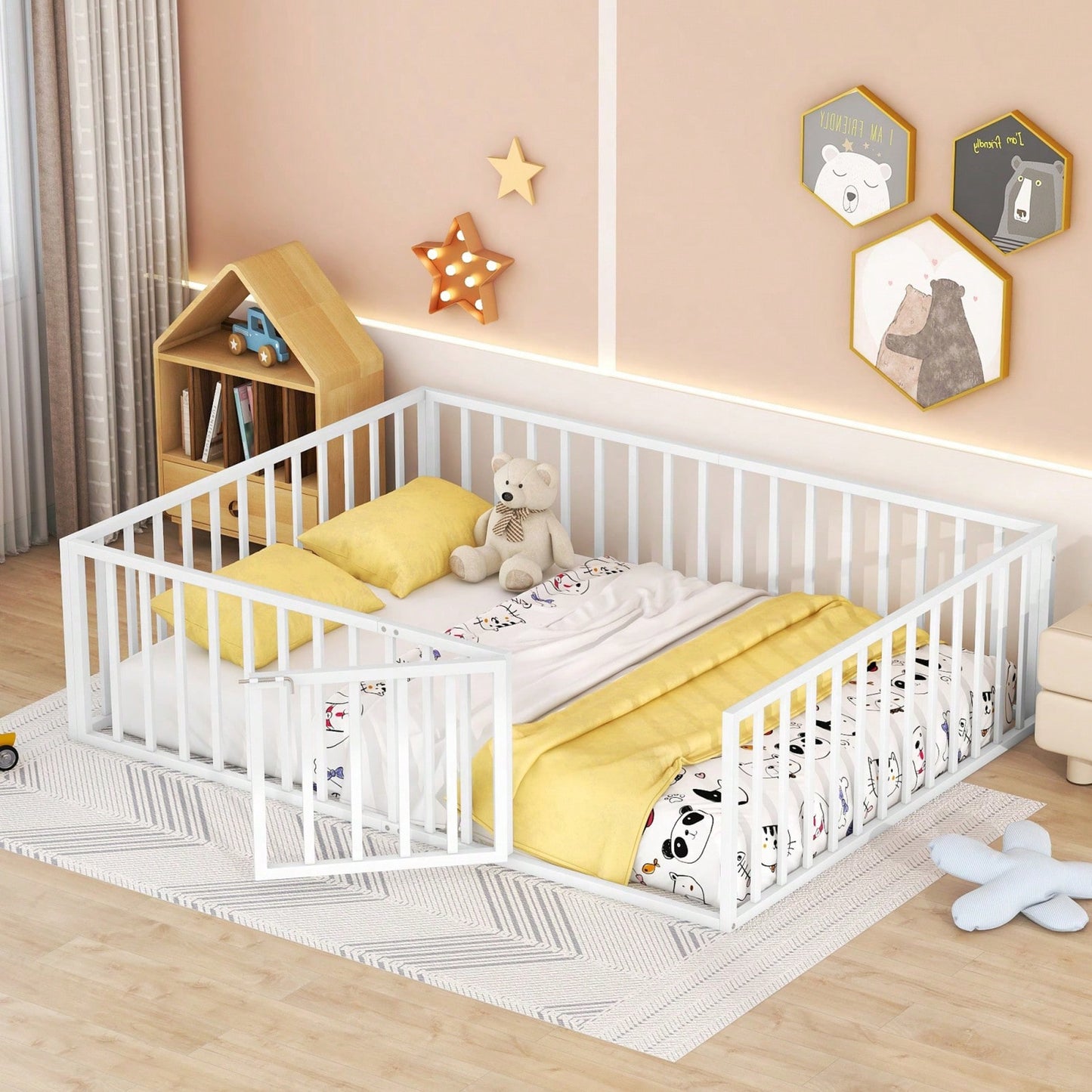 Queen Size Metal Bed Frame with Safety Fence and Door Versatile Design for Sleep and Play Easy Assembly Black White Pink