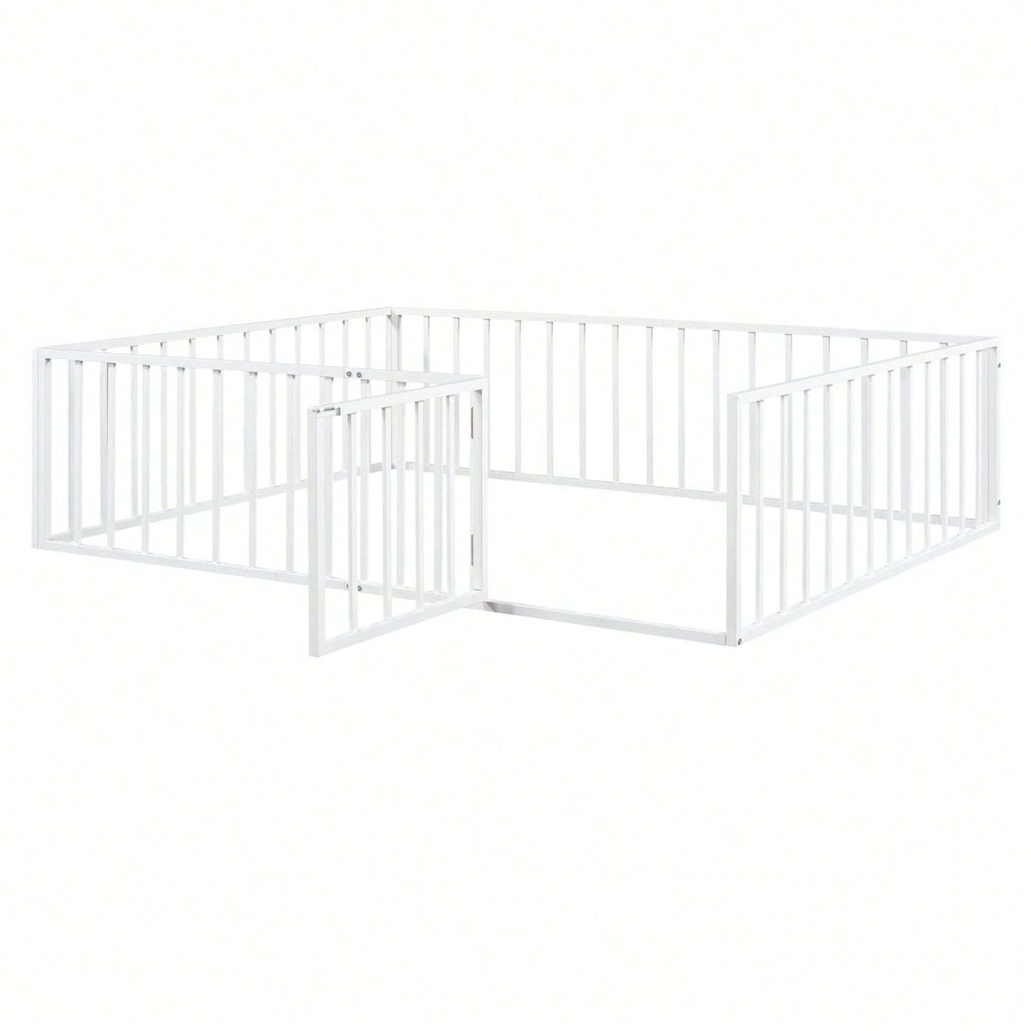 Queen Size Metal Bed Frame with Safety Fence and Door Versatile Design for Sleep and Play Easy Assembly Black White Pink