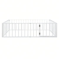 Queen Size Metal Bed Frame with Safety Fence and Door Versatile Design for Sleep and Play Easy Assembly Black White Pink