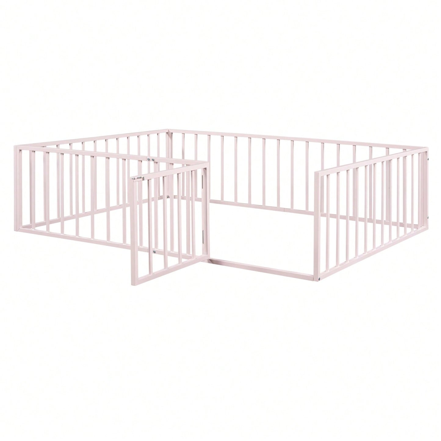 Queen Size Metal Bed Frame with Safety Fence and Door Versatile Design for Sleep and Play Easy Assembly Black White Pink