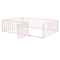 Queen Size Metal Bed Frame with Safety Fence and Door Versatile Design for Sleep and Play Easy Assembly Black White Pink