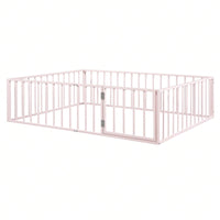 Queen Size Metal Bed Frame with Safety Fence and Door Versatile Design for Sleep and Play Easy Assembly Black White Pink