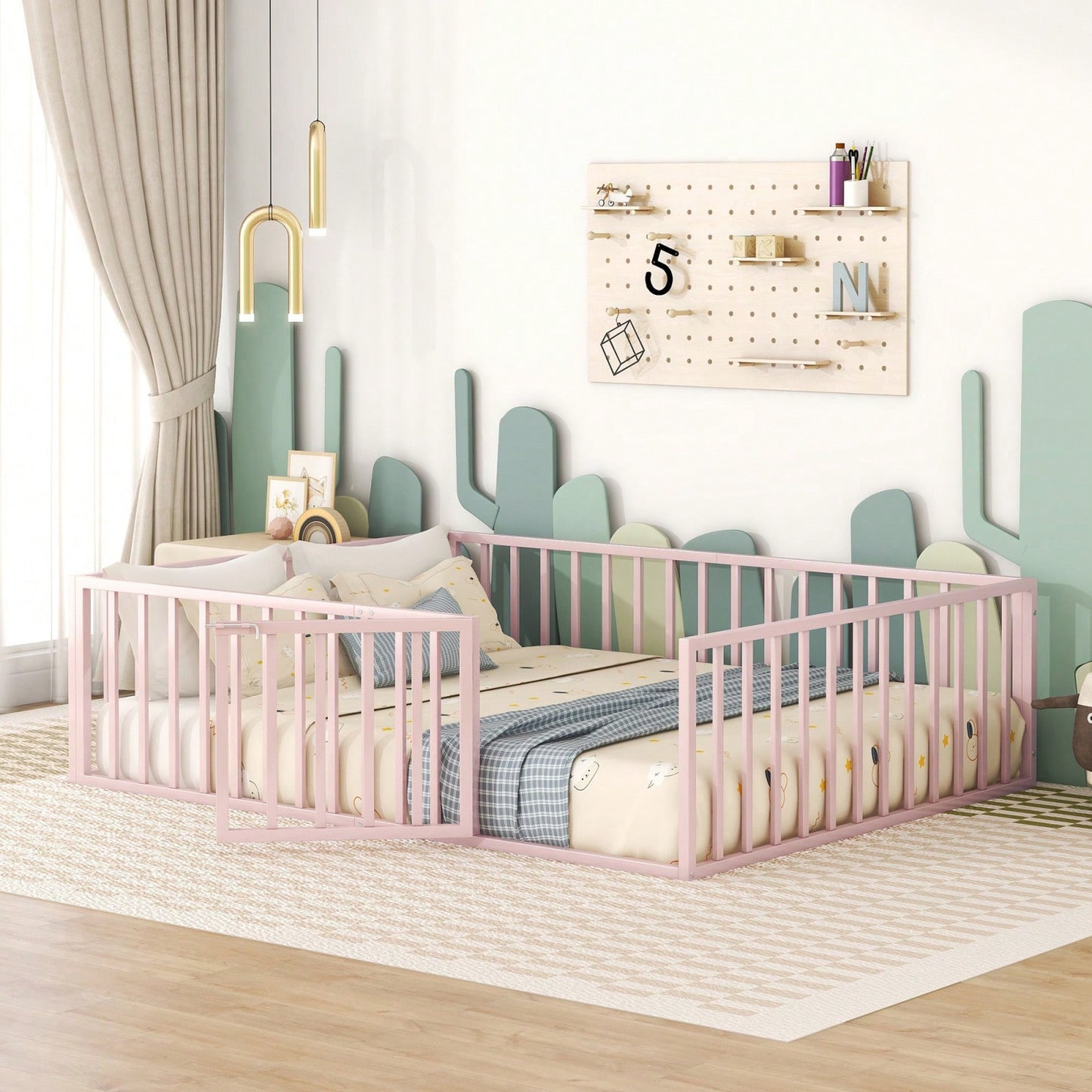 Queen Size Metal Bed Frame with Safety Fence and Door Versatile Design for Sleep and Play Easy Assembly Black White Pink