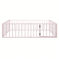 Queen Size Metal Bed Frame with Safety Fence and Door Versatile Design for Sleep and Play Easy Assembly Black White Pink