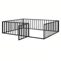 Queen Size Metal Bed Frame with Safety Fence and Door Versatile Design for Sleep and Play Easy Assembly Black White Pink