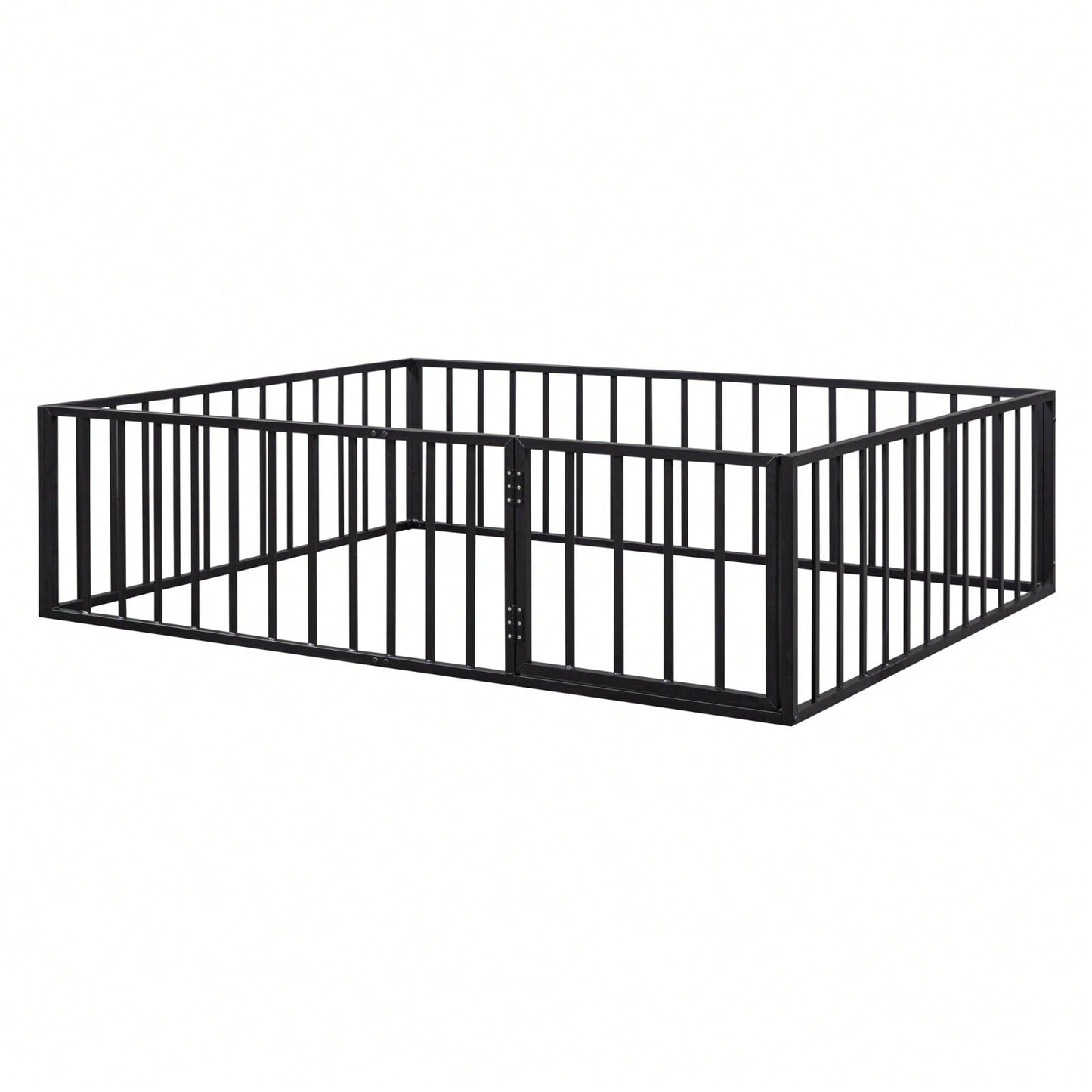 Queen Size Metal Bed Frame with Safety Fence and Door Versatile Design for Sleep and Play Easy Assembly Black White Pink