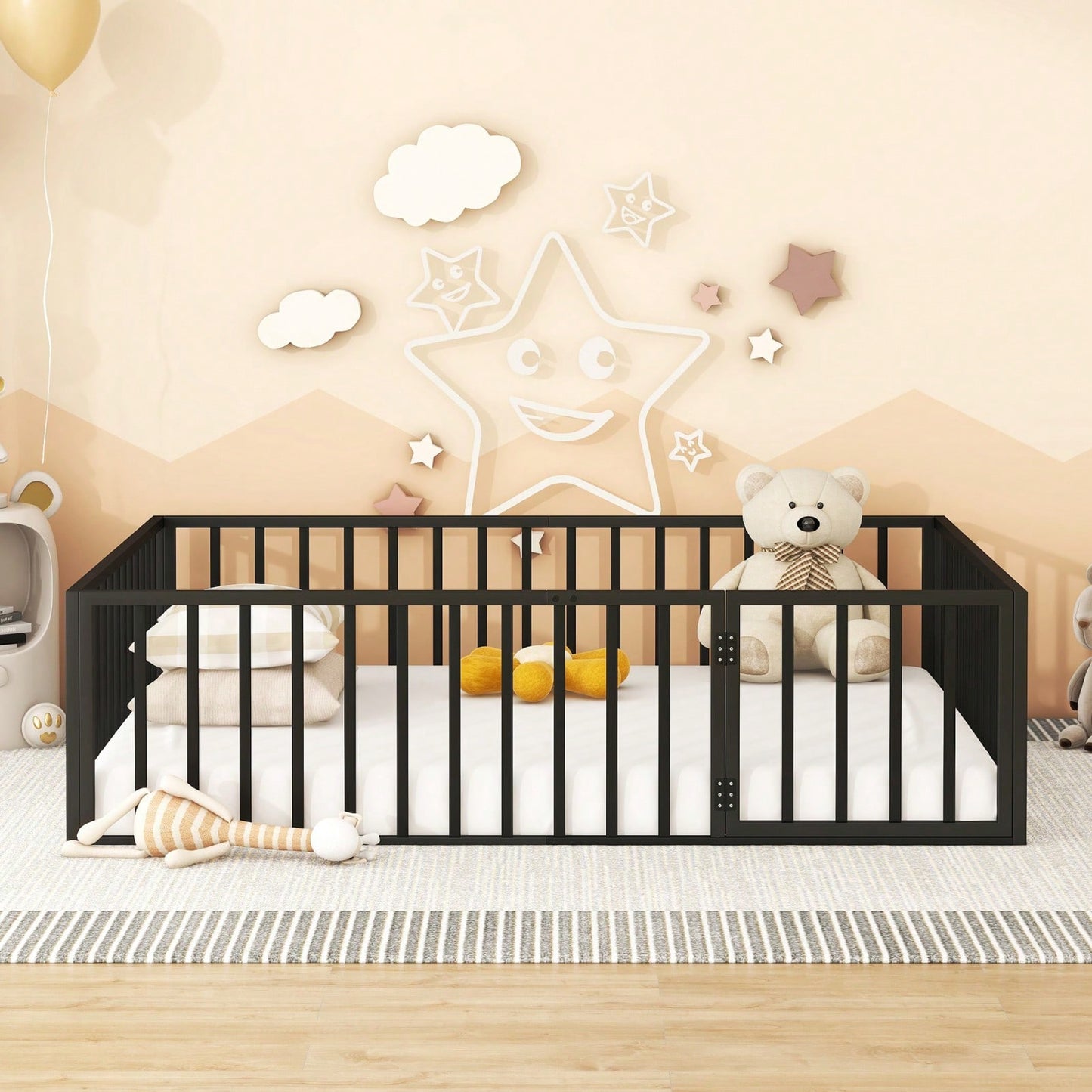 Queen Size Metal Bed Frame with Safety Fence and Door Versatile Design for Sleep and Play Easy Assembly Black White Pink