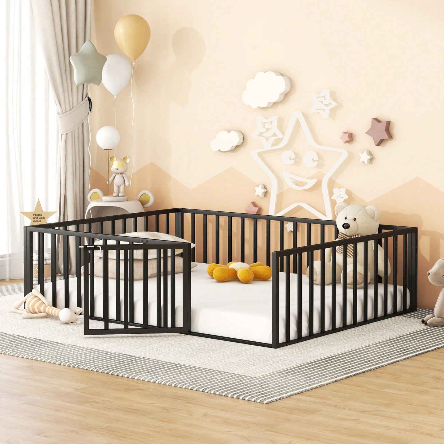 Queen Size Metal Bed Frame with Safety Fence and Door Versatile Design for Sleep and Play Easy Assembly Black White Pink