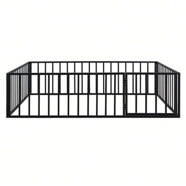 Queen Size Metal Bed Frame with Safety Fence and Door Versatile Design for Sleep and Play Easy Assembly Black White Pink