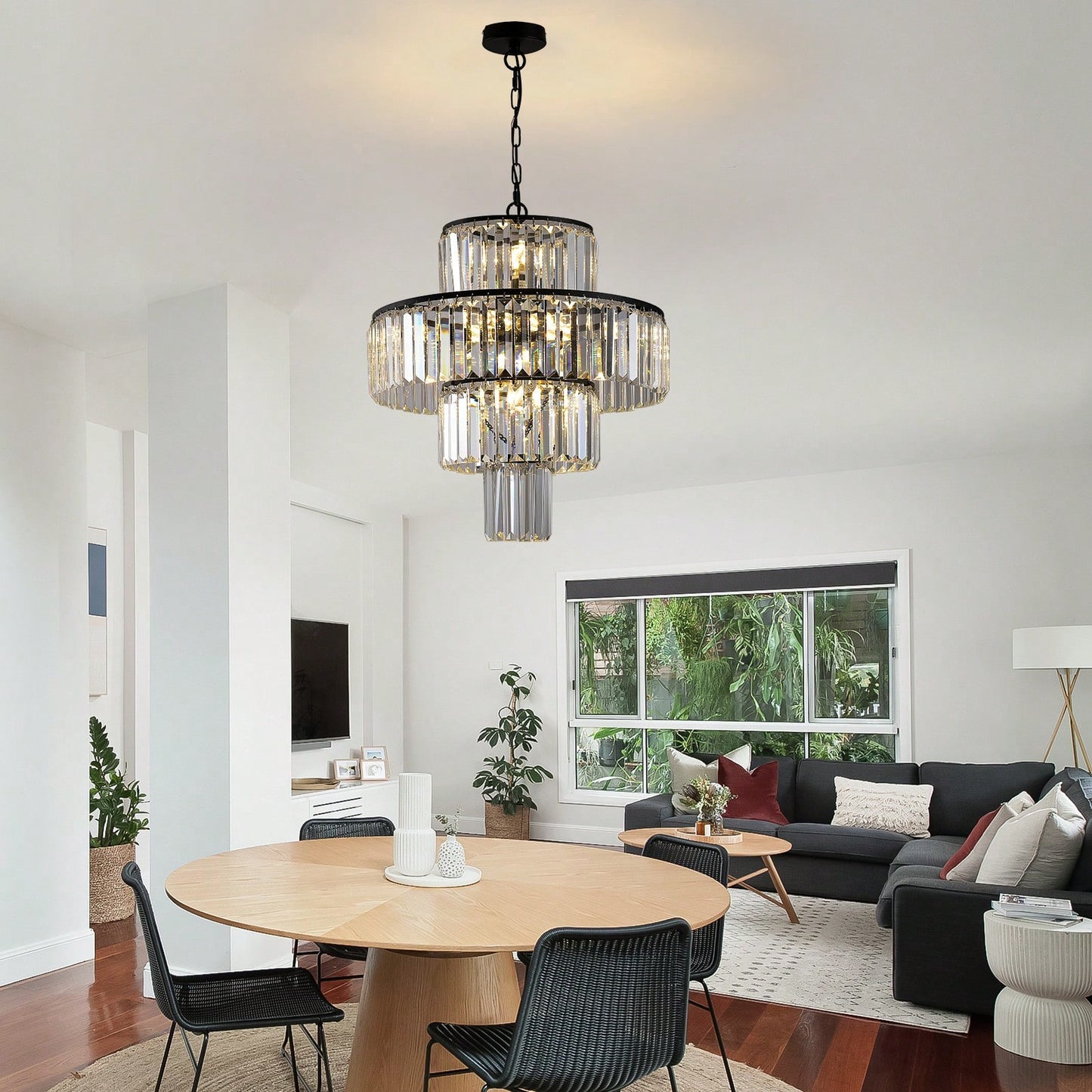 Elegant Black Crystal Chandelier Modern Pendant Light Fixture for Dining Room Bedroom Living Room 19.7 Inch Adjustable Height