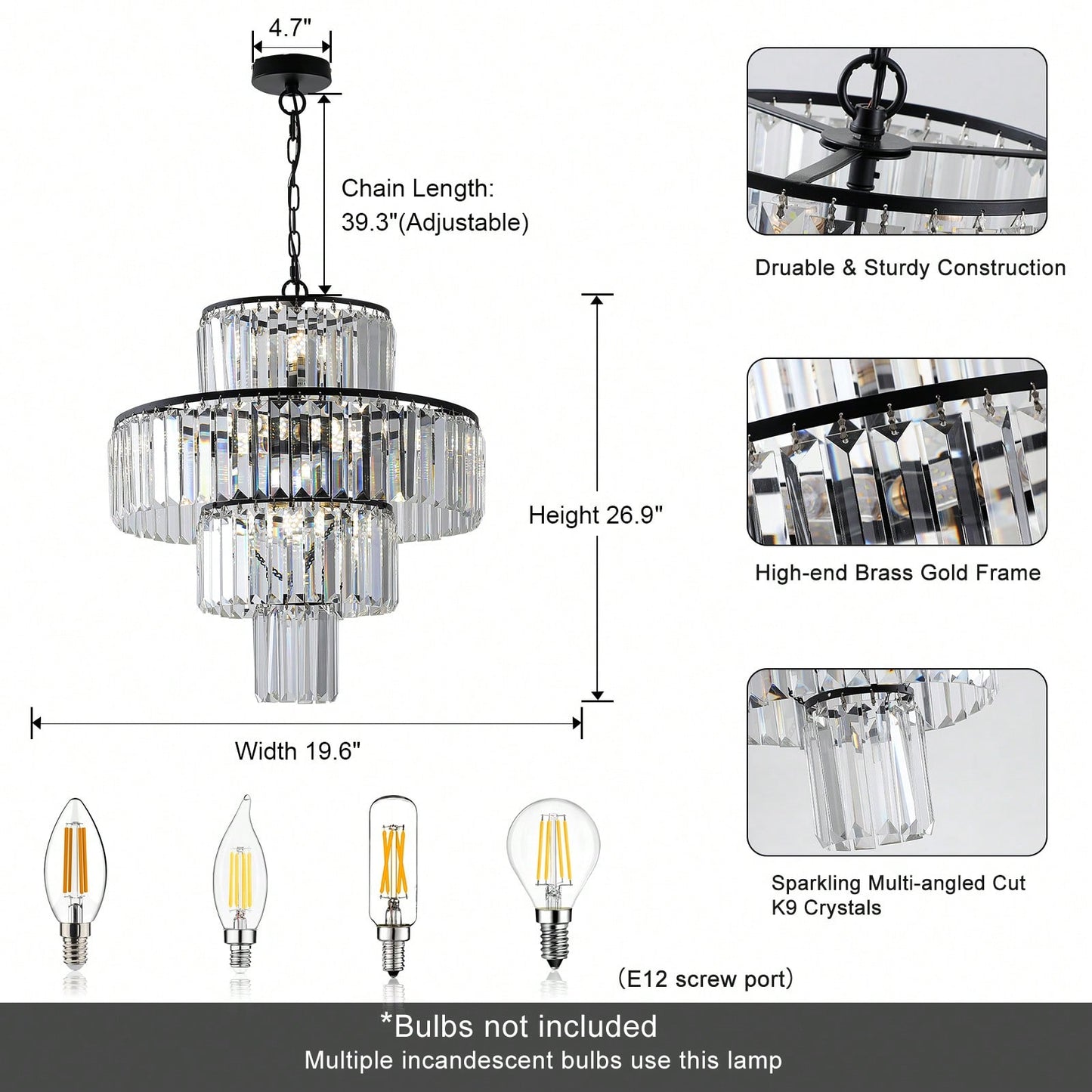 Elegant Black Crystal Chandelier Modern Pendant Light Fixture for Dining Room Bedroom Living Room 19.7 Inch Adjustable Height