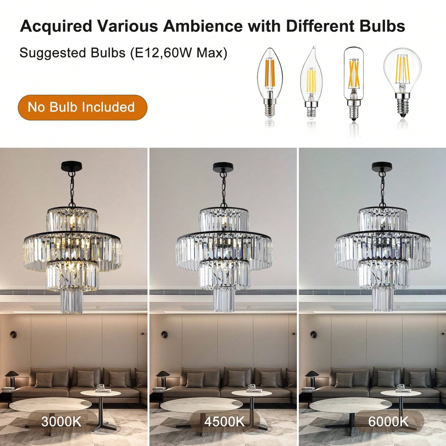Elegant Black Crystal Chandelier Modern Pendant Light Fixture for Dining Room Bedroom Living Room 19.7 Inch Adjustable Height