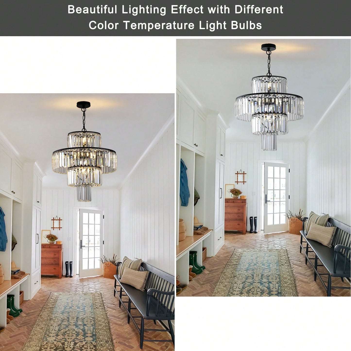 Elegant Black Crystal Chandelier Modern Pendant Light Fixture for Dining Room Bedroom Living Room 19.7 Inch Adjustable Height