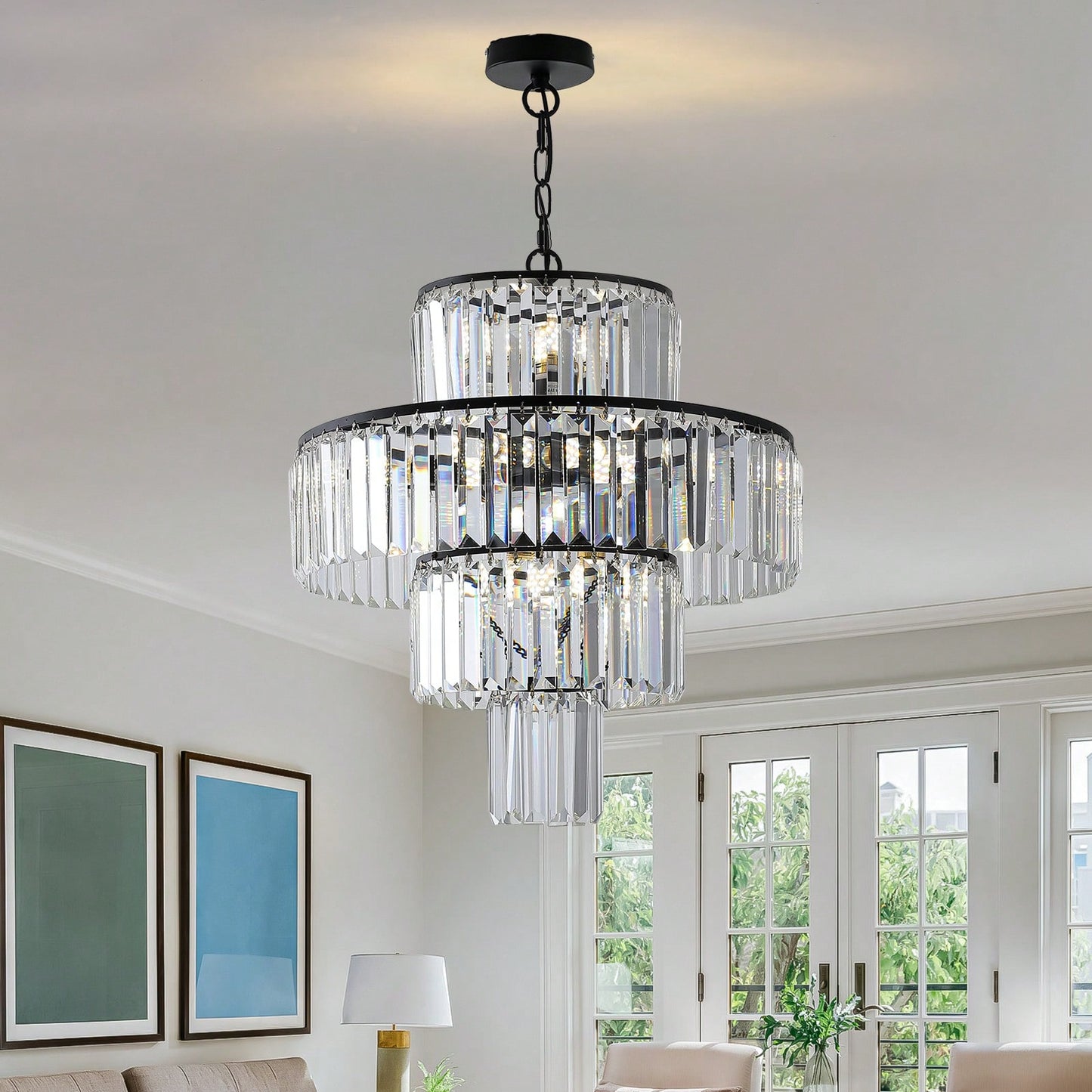 Elegant Black Crystal Chandelier Modern Pendant Light Fixture for Dining Room Bedroom Living Room 19.7 Inch Adjustable Height