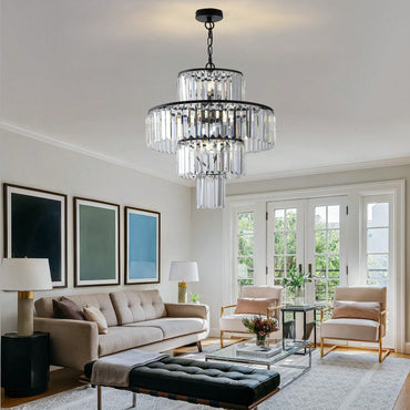 Elegant Black Crystal Chandelier Modern Pendant Light Fixture for Dining Room Bedroom Living Room 19.7 Inch Adjustable Height