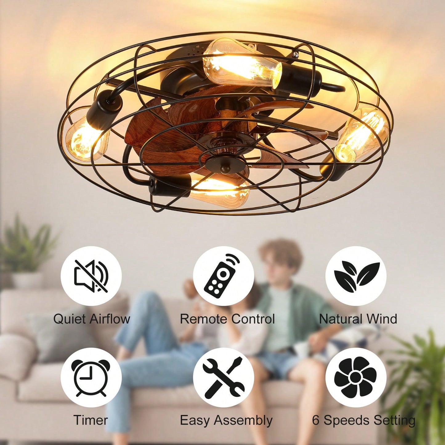 Low Profile Caged Ceiling Fan with Light Remote Control Modern Farmhouse Design Quiet DC Motor 6 Speeds Easy Install