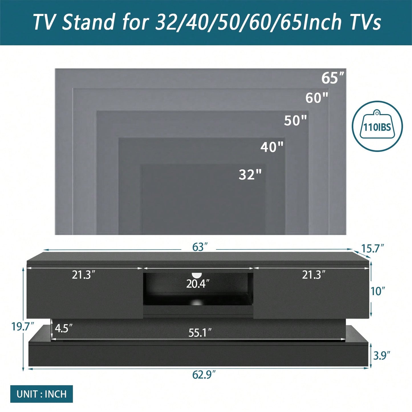 Modern 63-Inch TV Stand with LED Lighting High Gloss Finish for Living Room Holds Up to 65-Inch TV with Remote Control and Storage Drawers