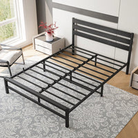 Queen Size Industrial Platform Bed Frame with Wooden Headboard and Under Bed Storage Noise-Free Easy Assembly Black