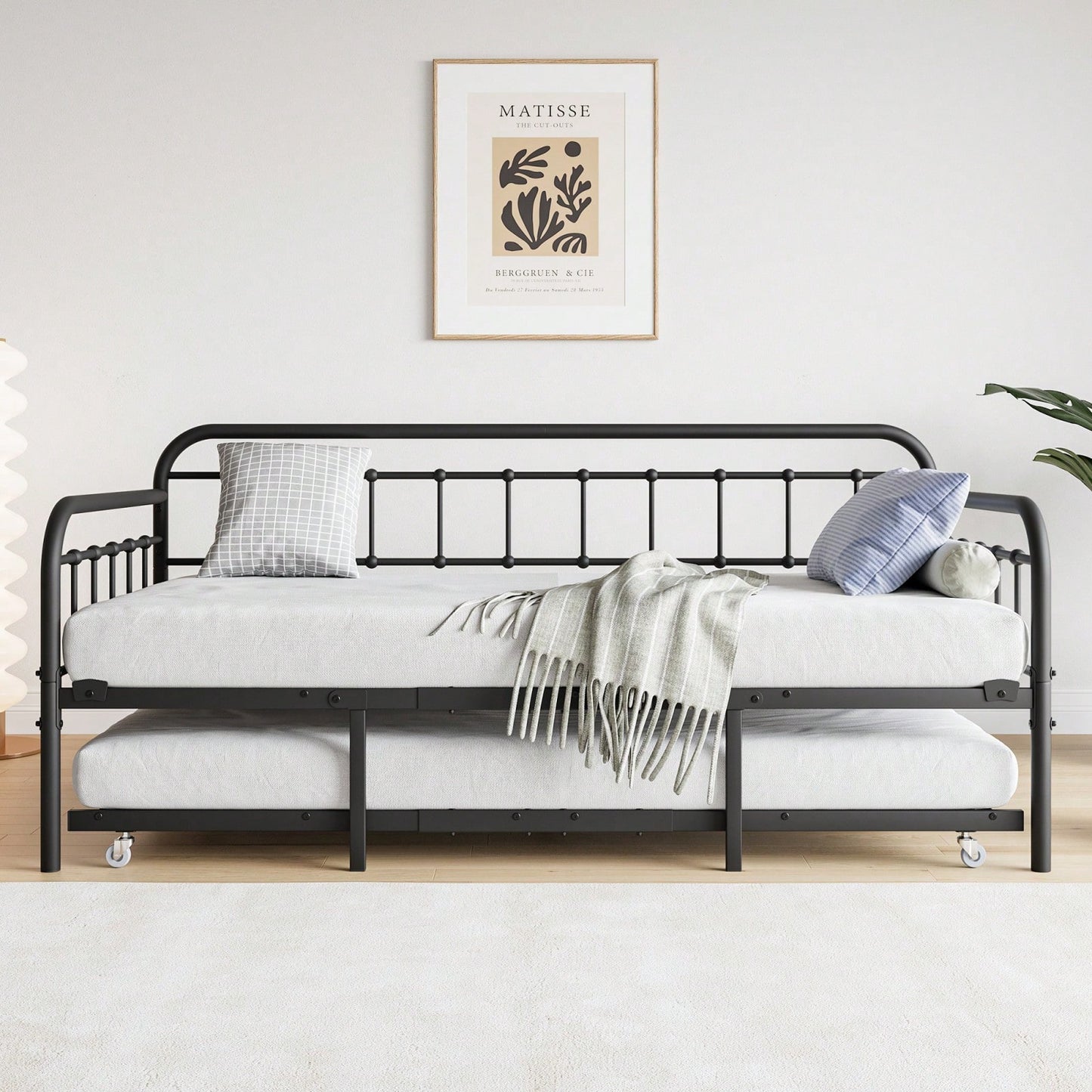 Heavy Duty Metal Daybed Frame with Trundle Black Stylish Space Saving Design No Box Spring Needed