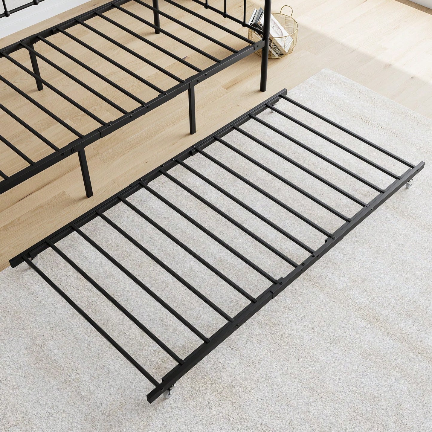 Heavy Duty Metal Daybed Frame with Trundle Black Stylish Space Saving Design No Box Spring Needed