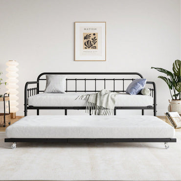 Heavy Duty Metal Daybed Frame with Trundle Black Stylish Space Saving Design No Box Spring Needed