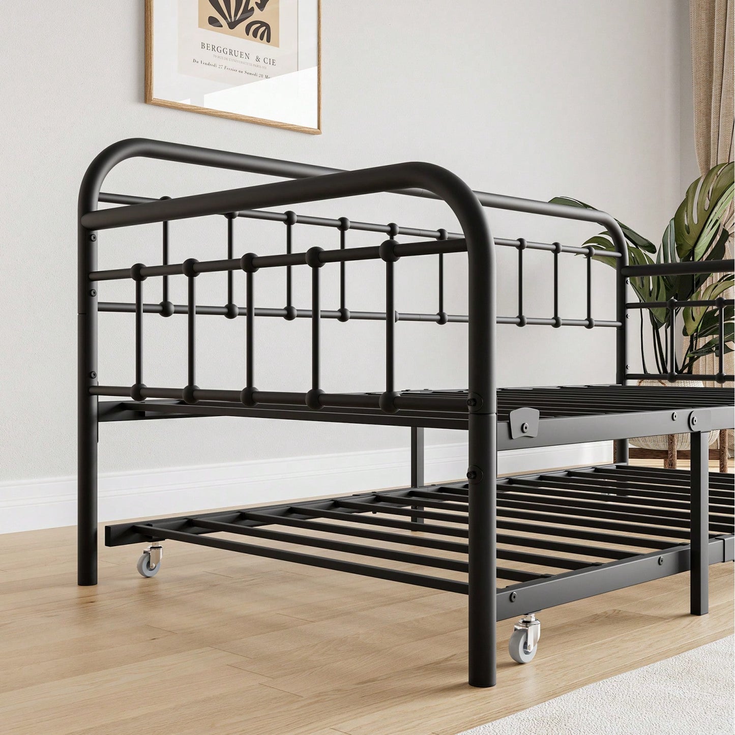 Heavy Duty Metal Daybed Frame with Trundle Black Stylish Space Saving Design No Box Spring Needed