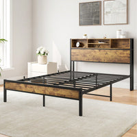 Black Metal Platform Bed Frame with Storage Headboard USB Charging Station Easy Assembly No Box Spring Needed