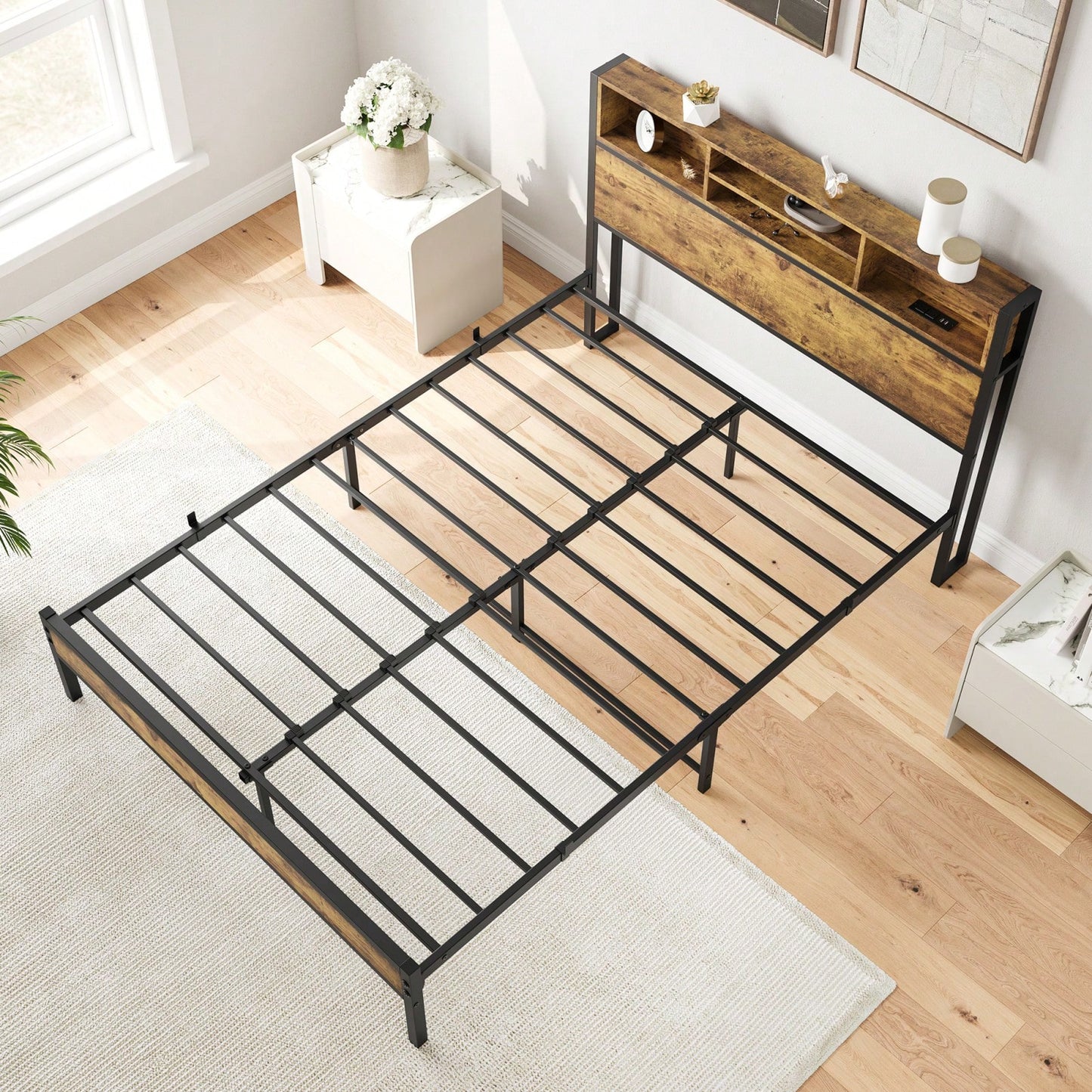 Black Metal Platform Bed Frame with Storage Headboard USB Charging Station Easy Assembly No Box Spring Needed