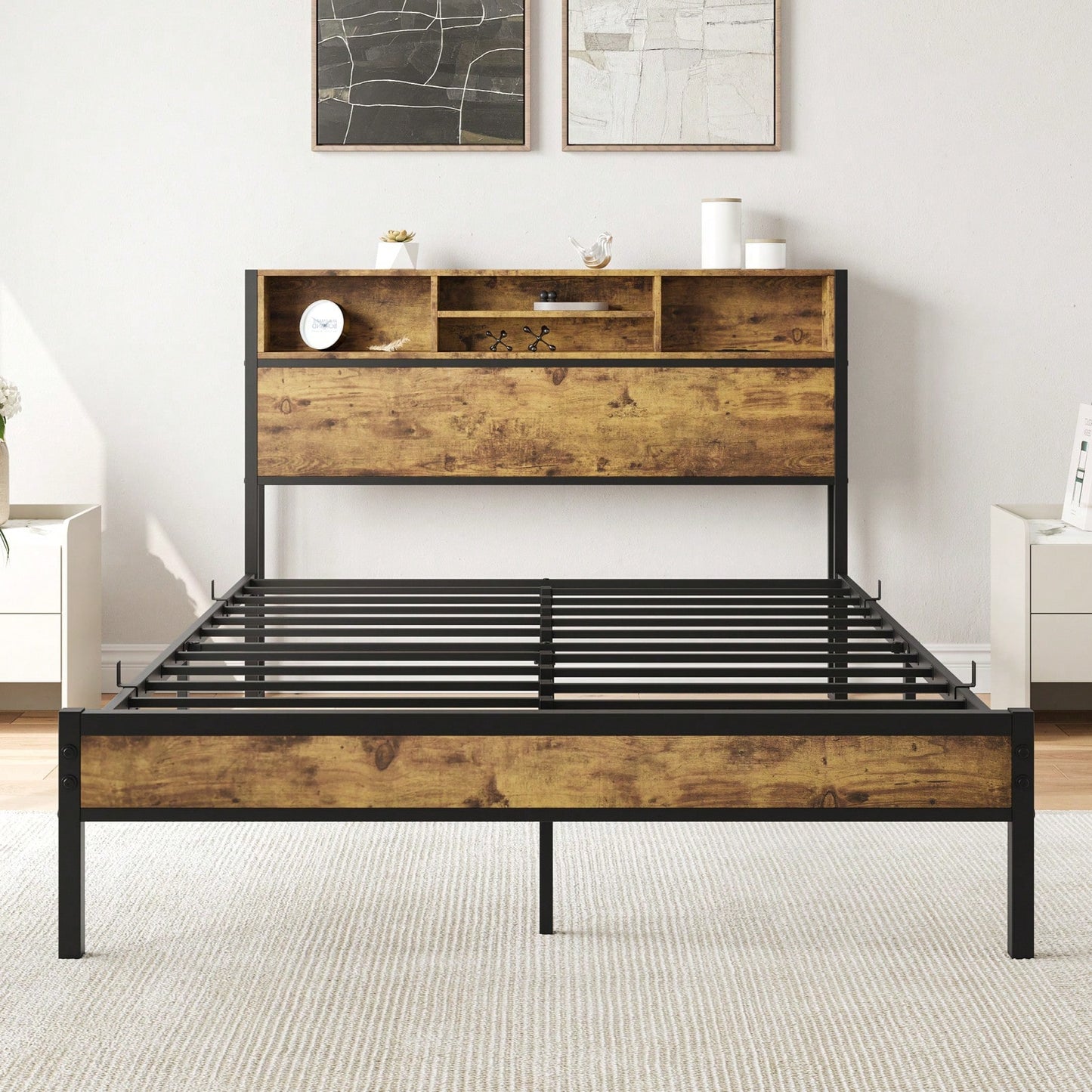 Black Metal Platform Bed Frame with Storage Headboard USB Charging Station Easy Assembly No Box Spring Needed