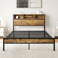 Black Metal Platform Bed Frame with Storage Headboard USB Charging Station Easy Assembly No Box Spring Needed