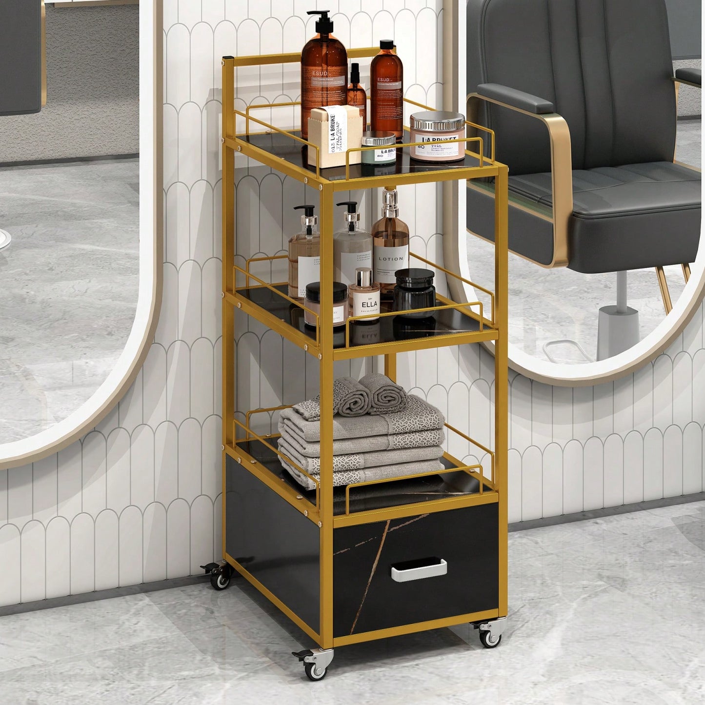 Lockable Rolling Trolley Cart for Beauty Salon Storage Metal Frame with Marbled Board Drawer Stylish Practical Design