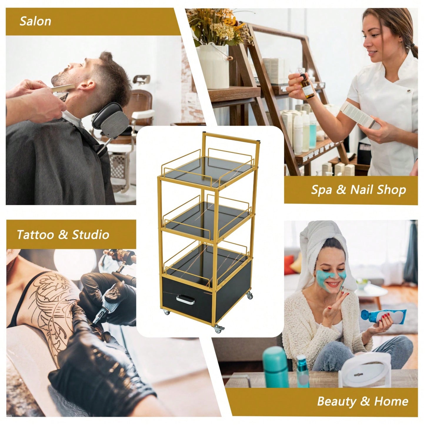 Lockable Rolling Trolley Cart for Beauty Salon Storage Metal Frame with Marbled Board Drawer Stylish Practical Design