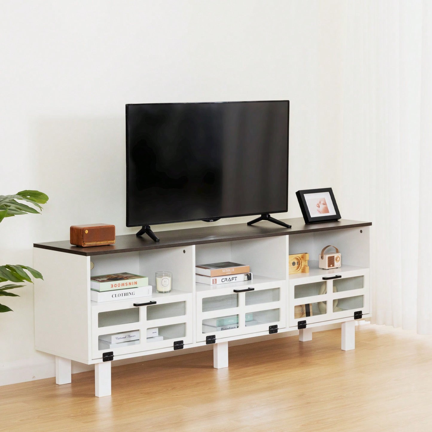 Stylish American Country TV Stand with Glass Doors and Birch Legs for 65-Inch TVs Large Storage Space Fusion Design