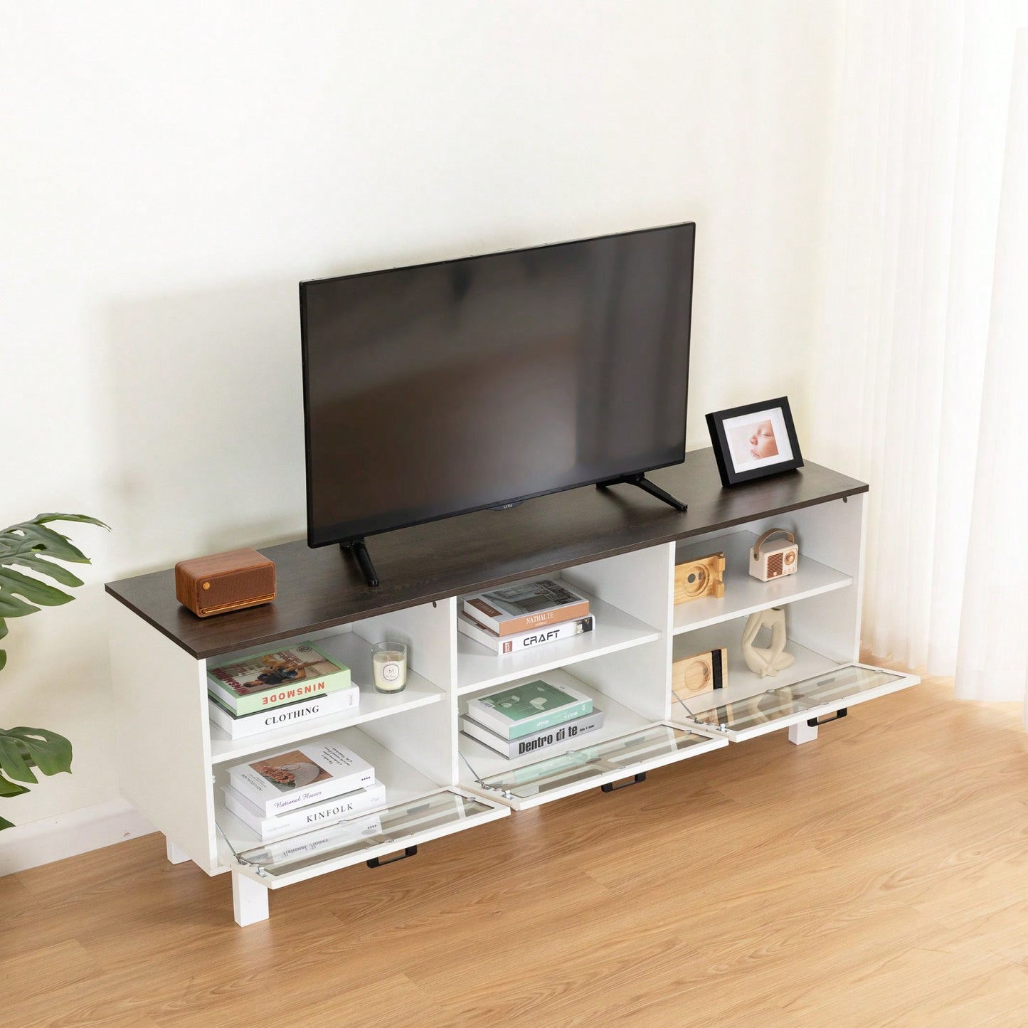 Stylish American Country TV Stand with Glass Doors and Birch Legs for 65-Inch TVs Large Storage Space Fusion Design