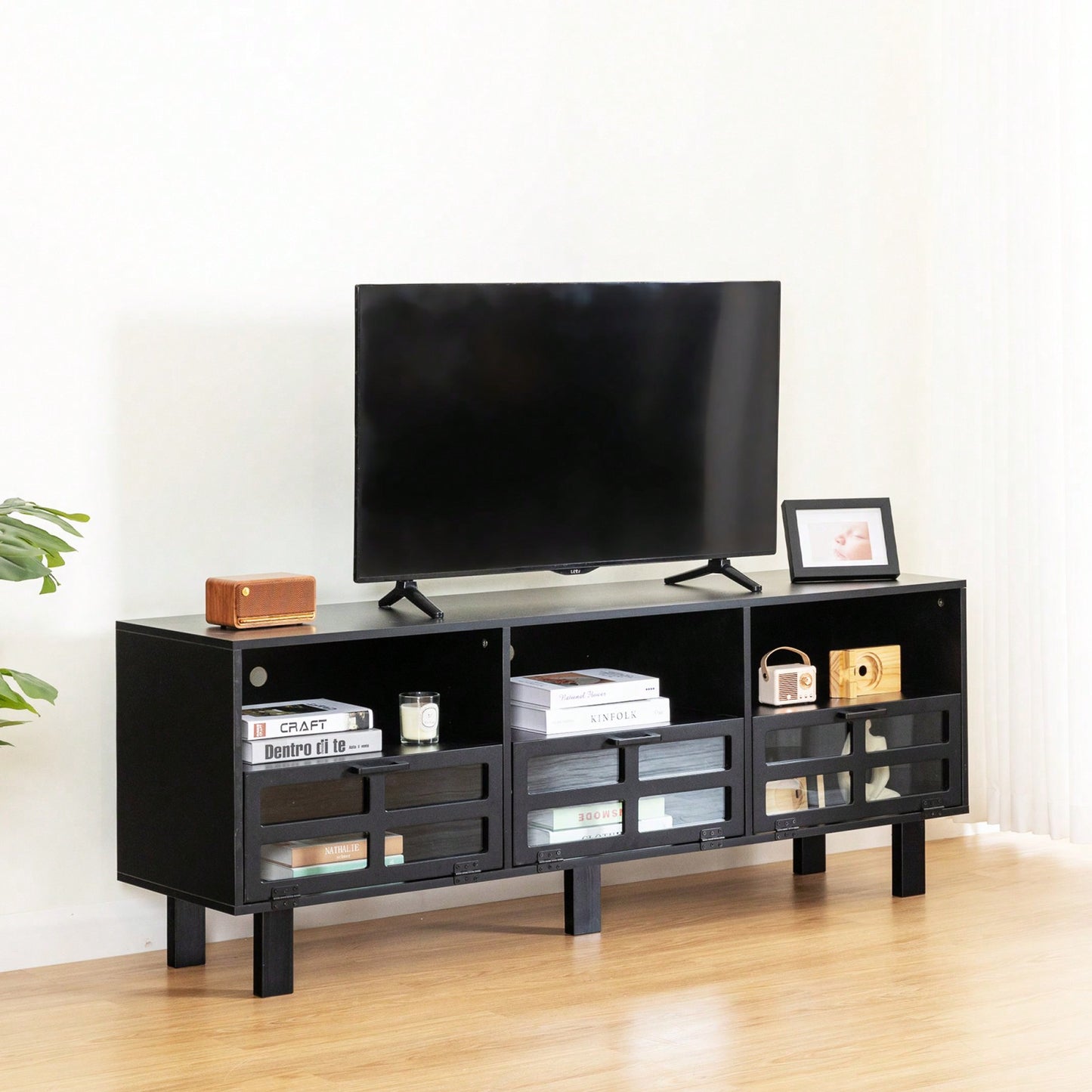 Stylish American Country TV Stand with Glass Doors and Birch Legs for 65-Inch TVs Large Storage Space Fusion Design