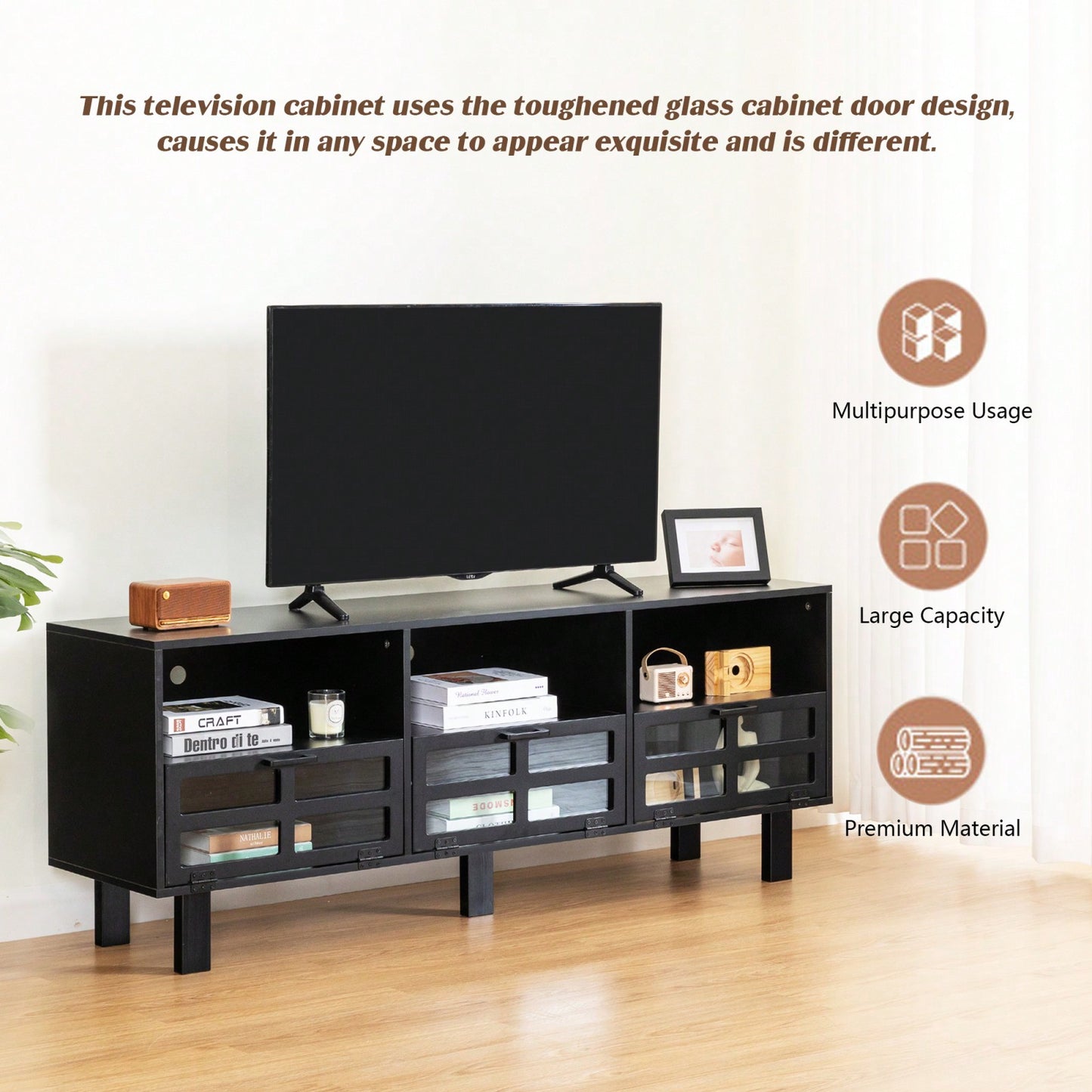 Stylish American Country TV Stand with Glass Doors and Birch Legs for 65-Inch TVs Large Storage Space Fusion Design