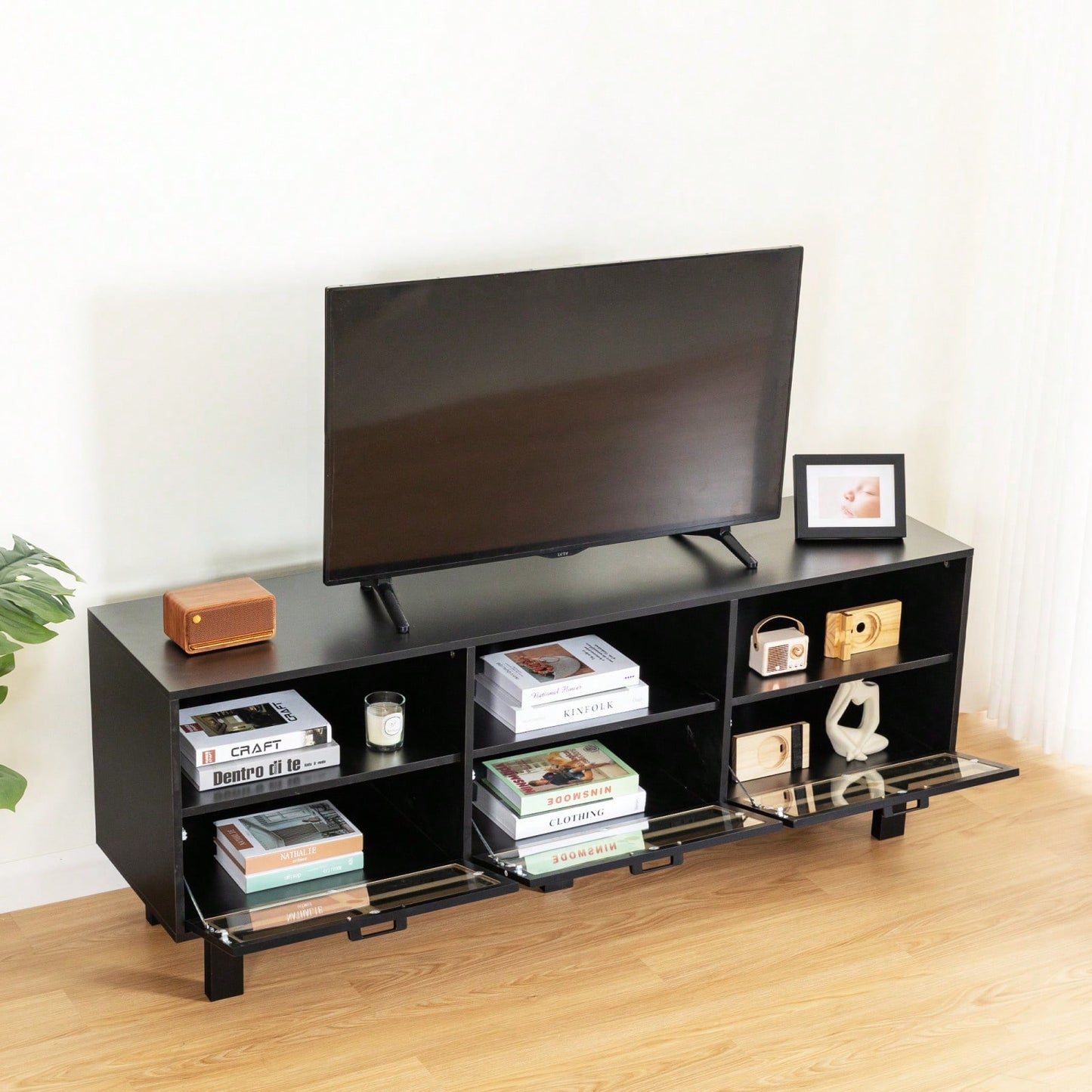 Stylish American Country TV Stand with Glass Doors and Birch Legs for 65-Inch TVs Large Storage Space Fusion Design